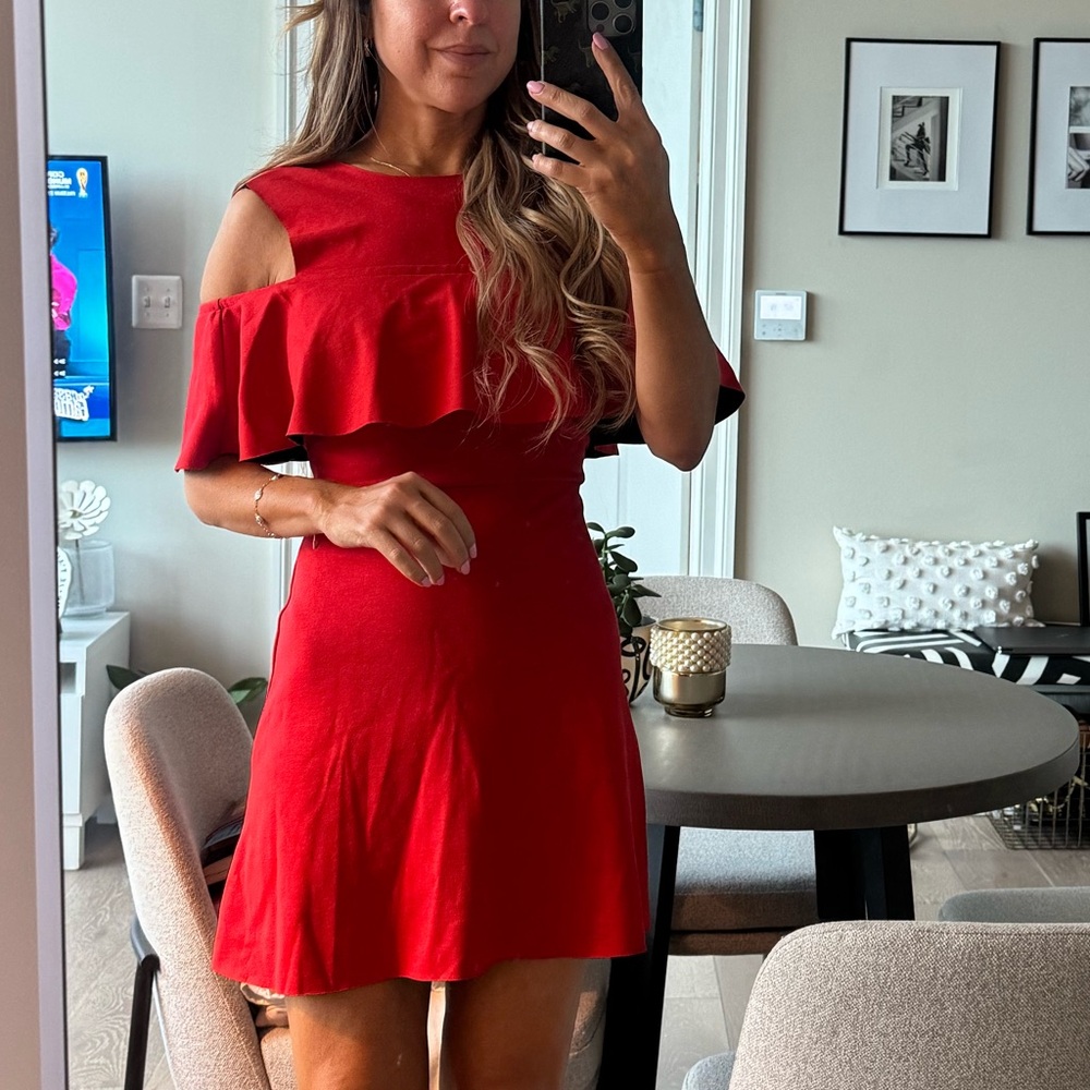 Topshop Red One-Shoulder Ruffle Mini Dress